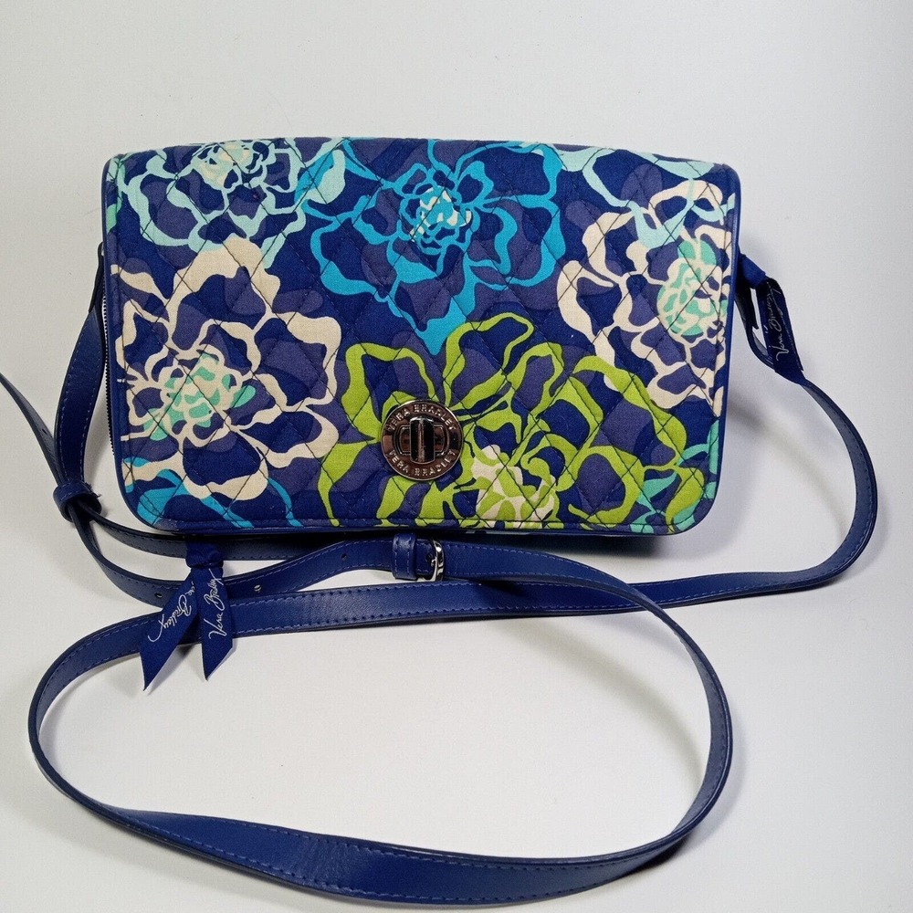 Vera Bradley Handled Tote Handbag Blue Floral Cotton Purse with Ribbons & Logo